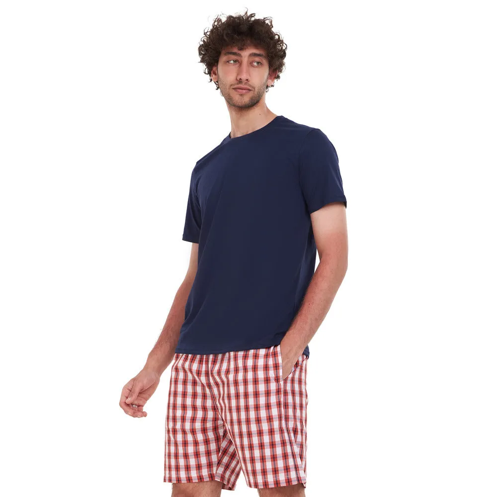 Men summer pajama set Dark Blue T-shirt   Red x White Checkered short