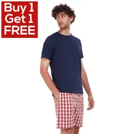 Men summer pajama set Dark Blue T-shirt   Red x White Checkered short