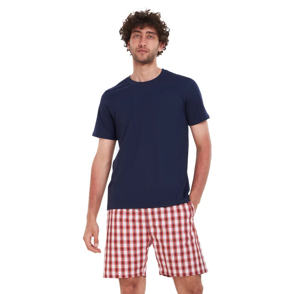 Men summer pajama set Dark Blue T-shirt   Red x White Checkered short