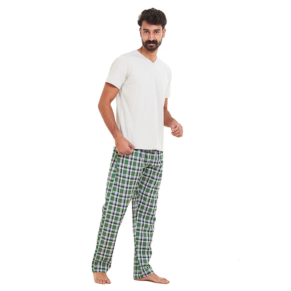 Men summer pajama set Grey T-shirt   Green x Dark Blue checkered Pants