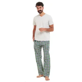 Men summer pajama set Grey T-shirt   Green x Dark Blue checkered Pants