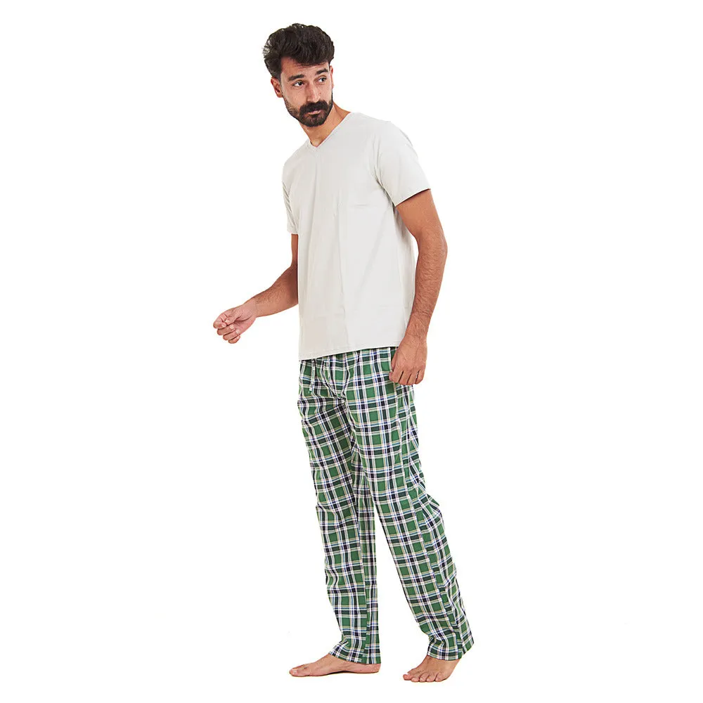Men summer pajama set Grey T-shirt   Green x Dark Blue checkered Pants