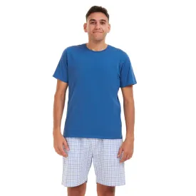 Men summer pajama set Indigo T-shirt   White x blue checkered short