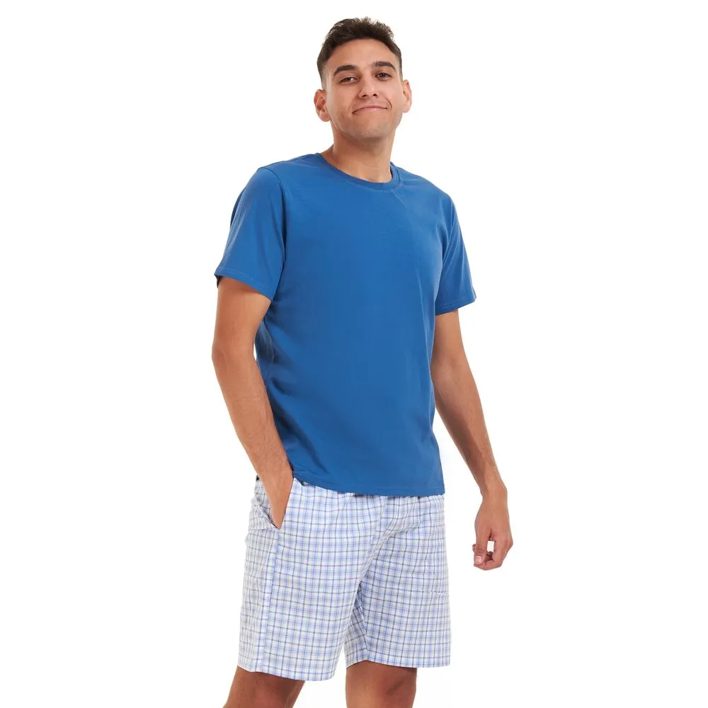 Men summer pajama set Indigo T-shirt   White x blue checkered short