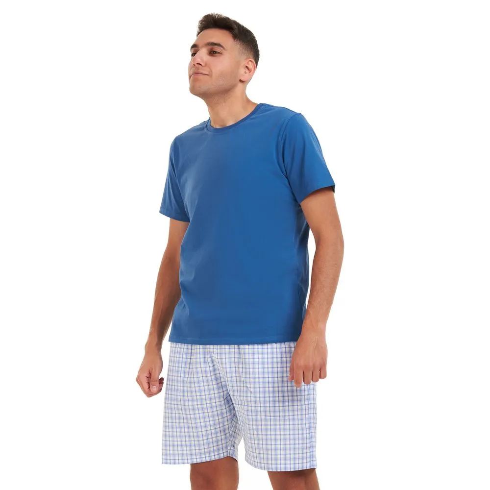 Men summer pajama set Indigo T-shirt   White x blue checkered short