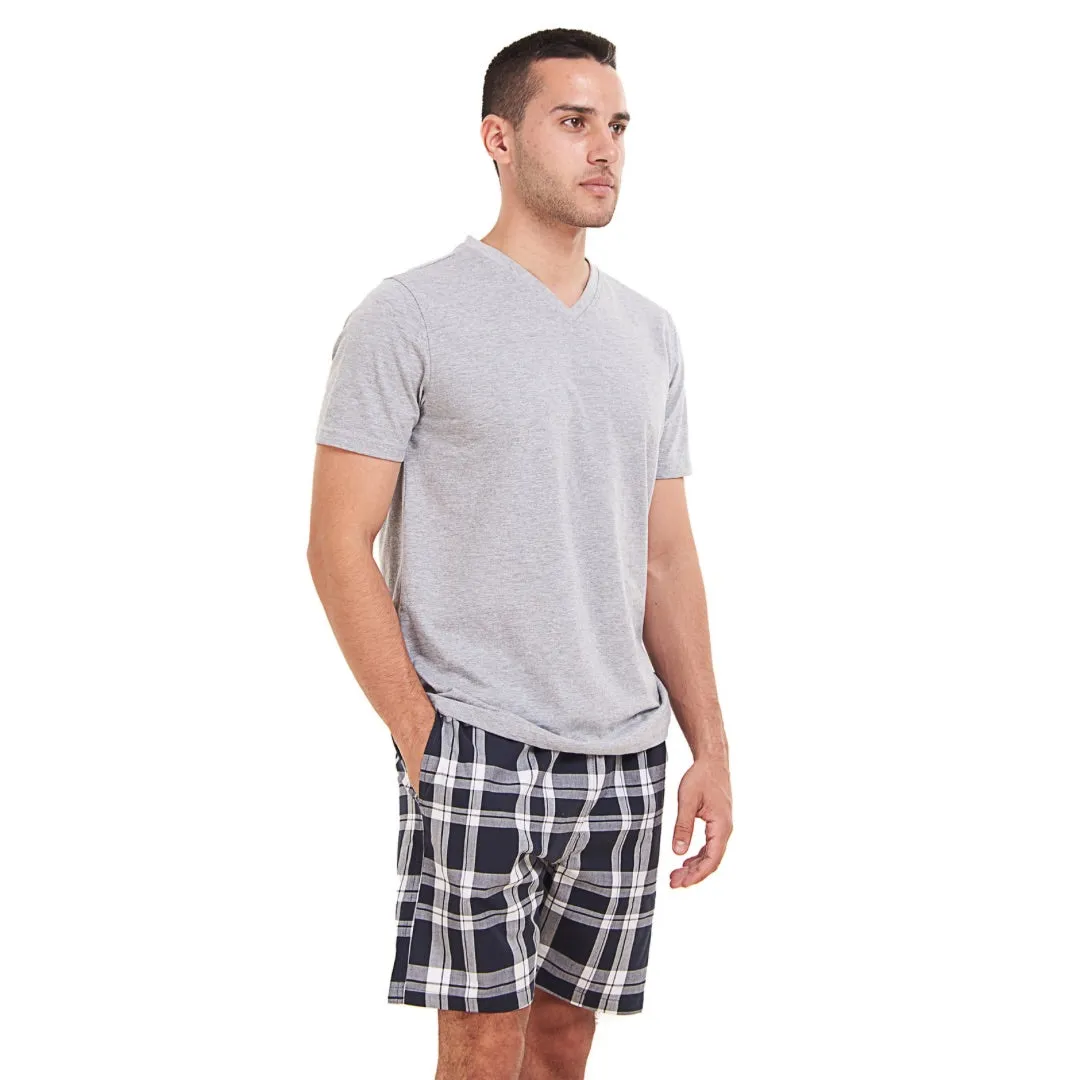 Men summer pajama set Light Grey T-shirt  Dark Blue x White Checkered short