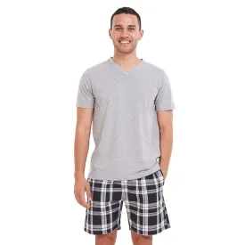 Men summer pajama set Light Grey T-shirt  Dark Blue x White Checkered short