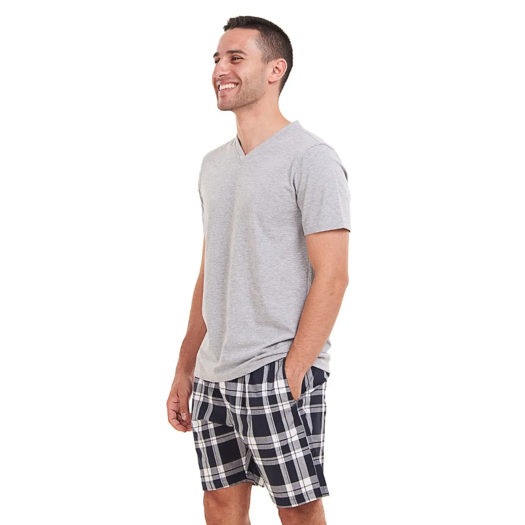 Men summer pajama set Light Grey T-shirt  Dark Blue x White Checkered short