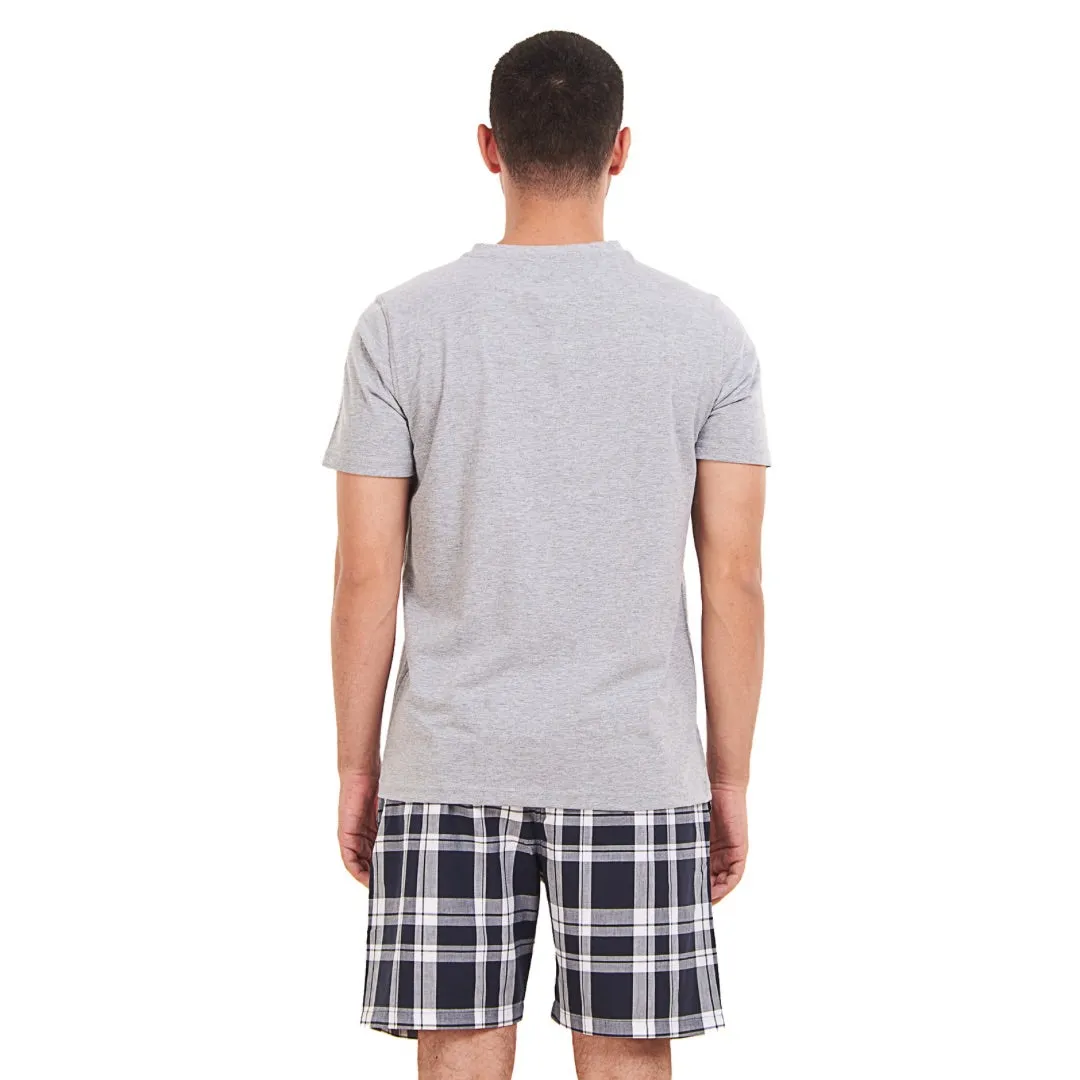 Men summer pajama set Light Grey T-shirt  Dark Blue x White Checkered short
