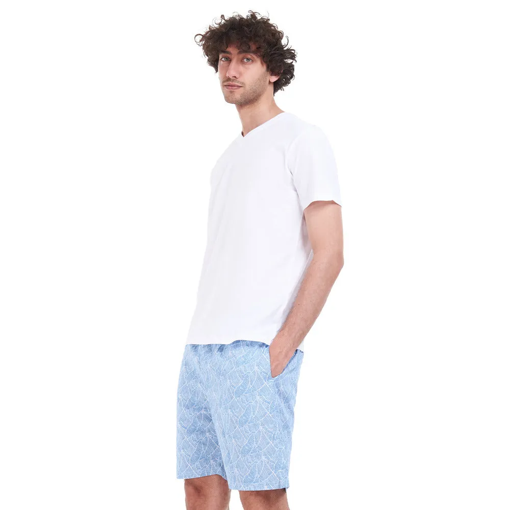 Men summer pajama set White T-shirt   Blue lined leaves short
