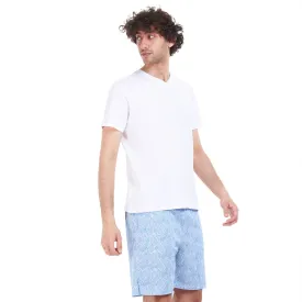 Men summer pajama set White T-shirt   Blue lined leaves short