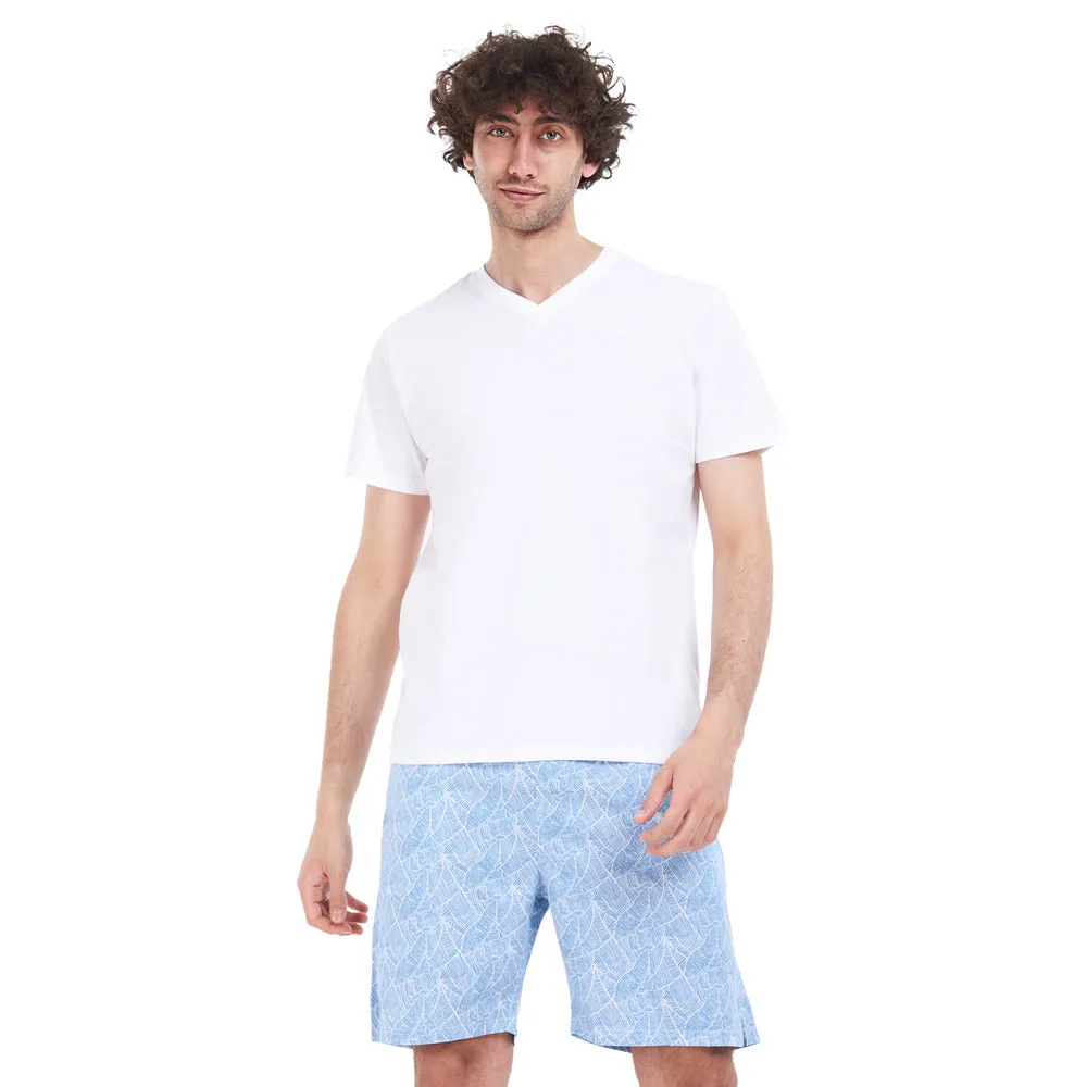Men summer pajama set White T-shirt   Blue lined leaves short