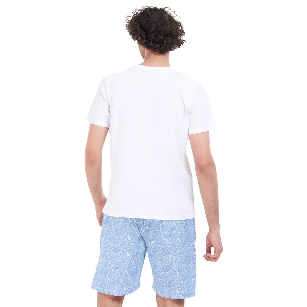 Men summer pajama set White T-shirt   Blue lined leaves short