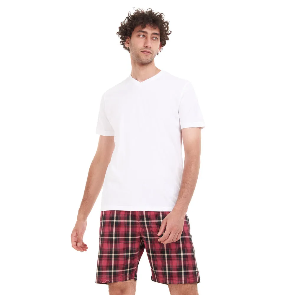Men summer pajama set White T-shirt   Red x Black Checkered short