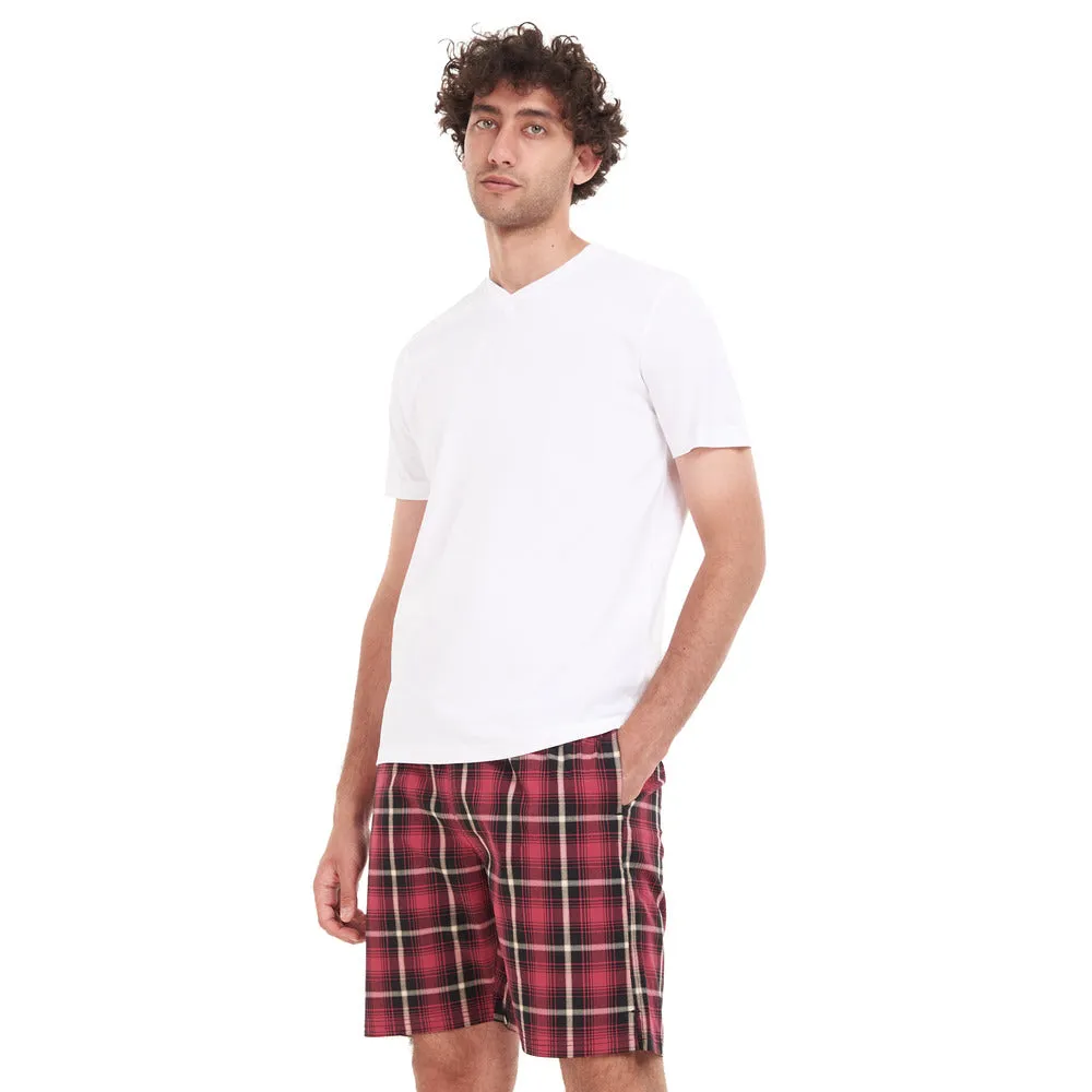 Men summer pajama set White T-shirt   Red x Black Checkered short