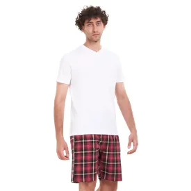 Men summer pajama set White T-shirt   Red x Black Checkered short