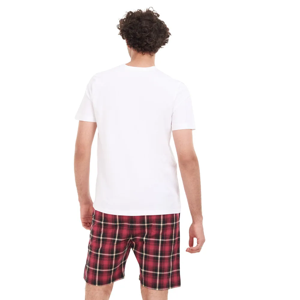 Men summer pajama set White T-shirt   Red x Black Checkered short