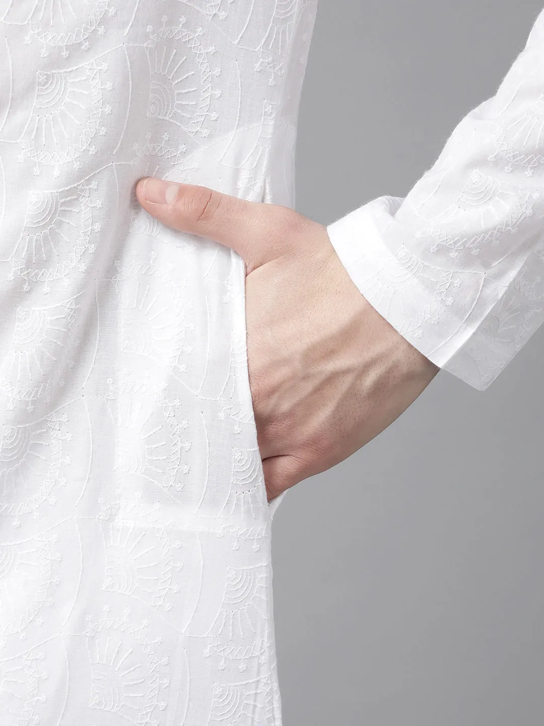 Men White Pure Cotton Chikankari Embroidered Straight Kurta With Pajama