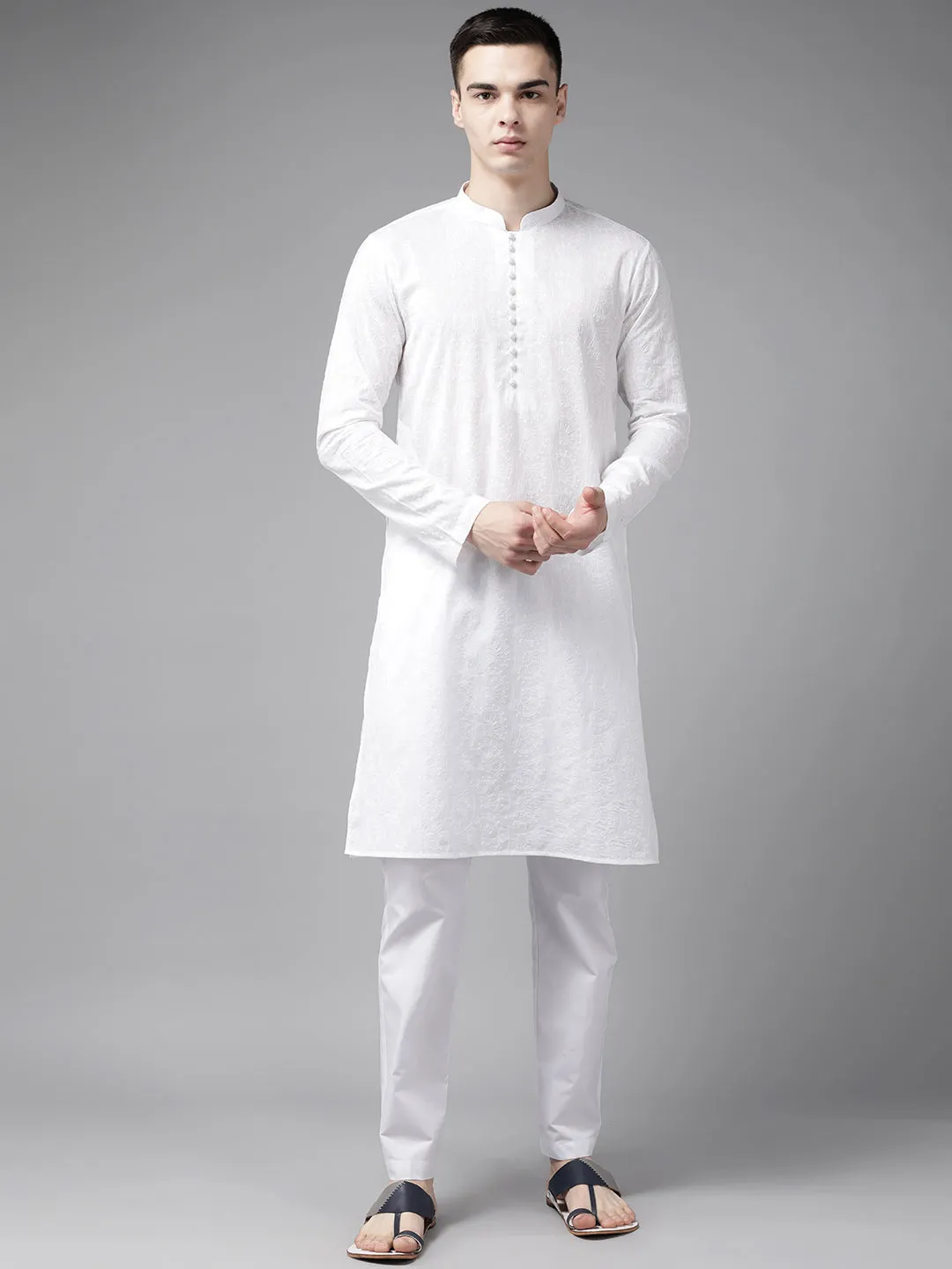 Men White Pure Cotton Chikankari Embroidered Straight Kurta With Pajama