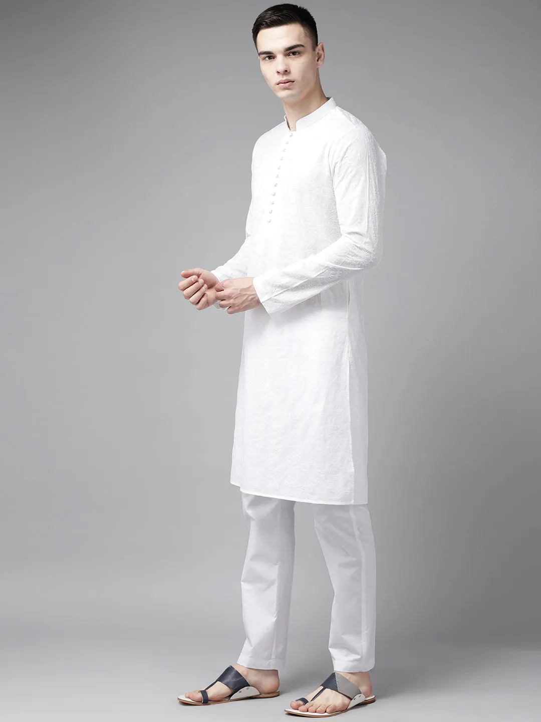 Men White Pure Cotton Chikankari Embroidered Straight Kurta With Pajama