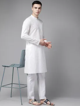 Men White Pure Cotton Chikankari Embroidered Straight Kurta With Pajama