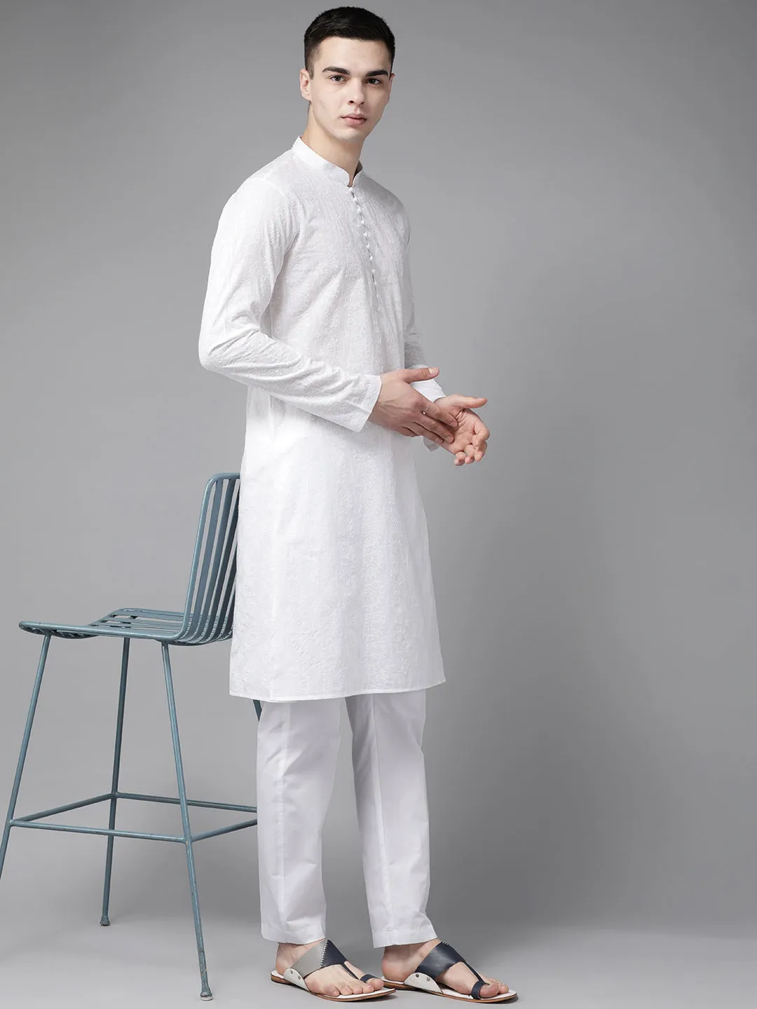 Men White Pure Cotton Chikankari Embroidered Straight Kurta With Pajama
