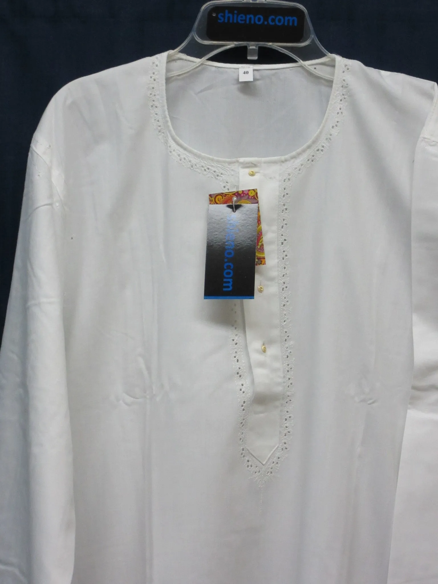 Men's 5993 Off White Kurta Pajama White Embroidery Detail Kurta