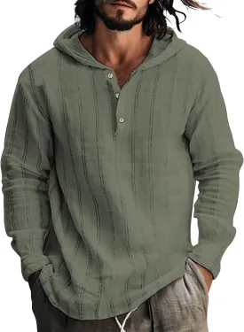 Mens Cotton Linen Shirts with Hood Casual Long Sleeve V Neck Hoodie Lightweight Loose Casual Hawaiian Beach Yoga Shirt
