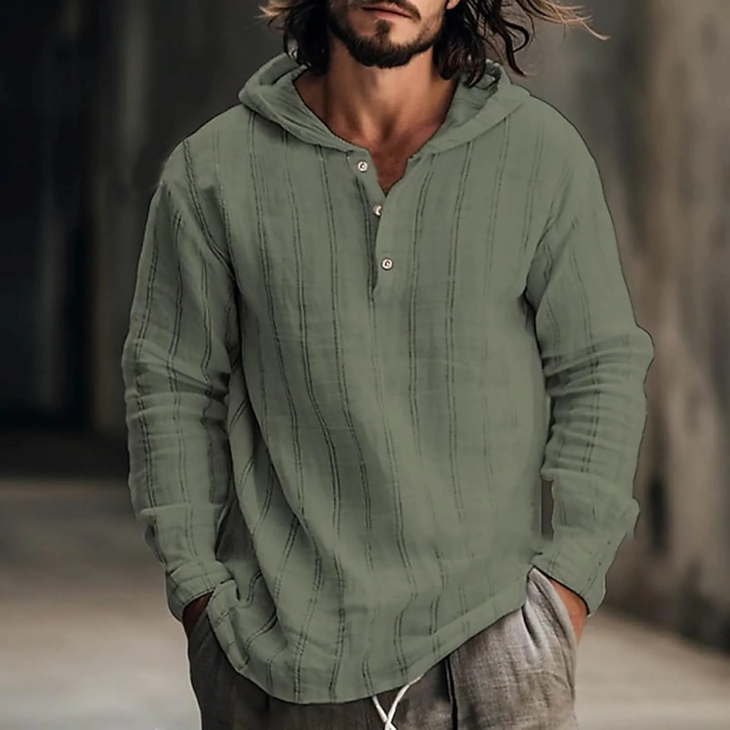 Mens Cotton Linen Shirts with Hood Casual Long Sleeve V Neck Hoodie Lightweight Loose Casual Hawaiian Beach Yoga Shirt