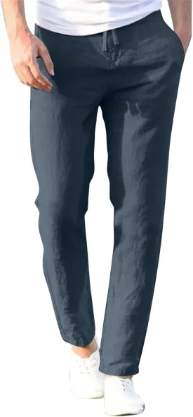 Men's Linen Pants Elastic Waist Drawstring Straight Leg Loose Fit Yoga Pants Lightweight Summer Beach Trousers with Pockets