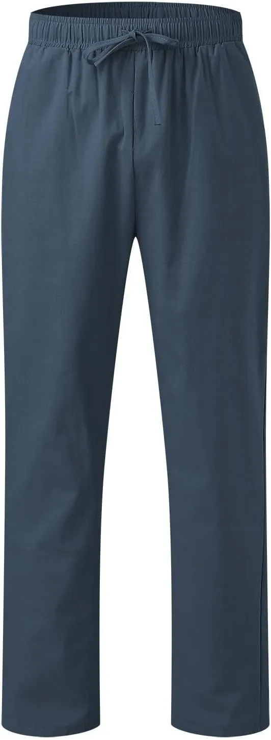 Men's Linen Pants Elastic Waist Drawstring Straight Leg Loose Fit Yoga Pants Lightweight Summer Beach Trousers with Pockets