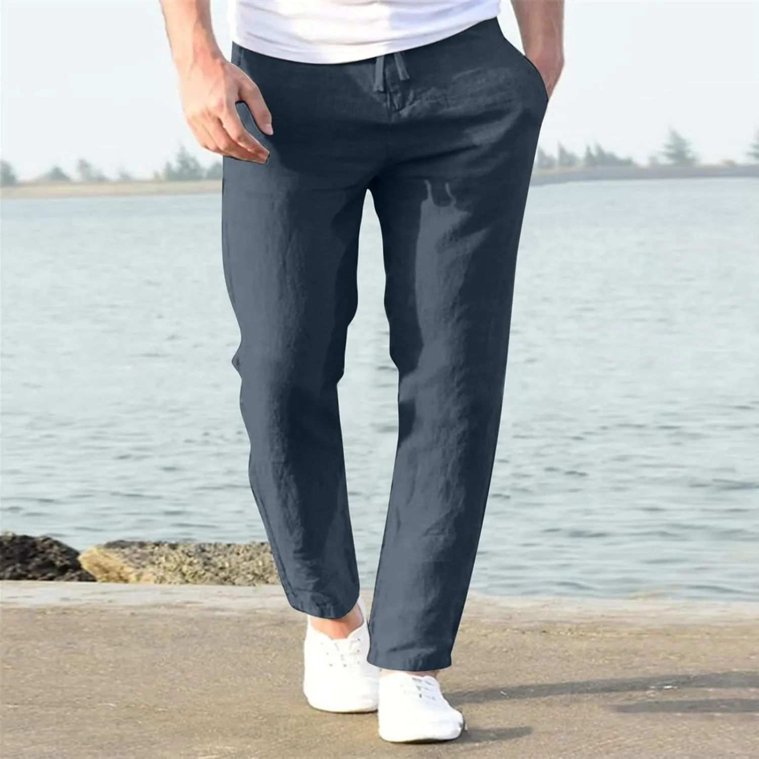 Men's Linen Pants Elastic Waist Drawstring Straight Leg Loose Fit Yoga Pants Lightweight Summer Beach Trousers with Pockets