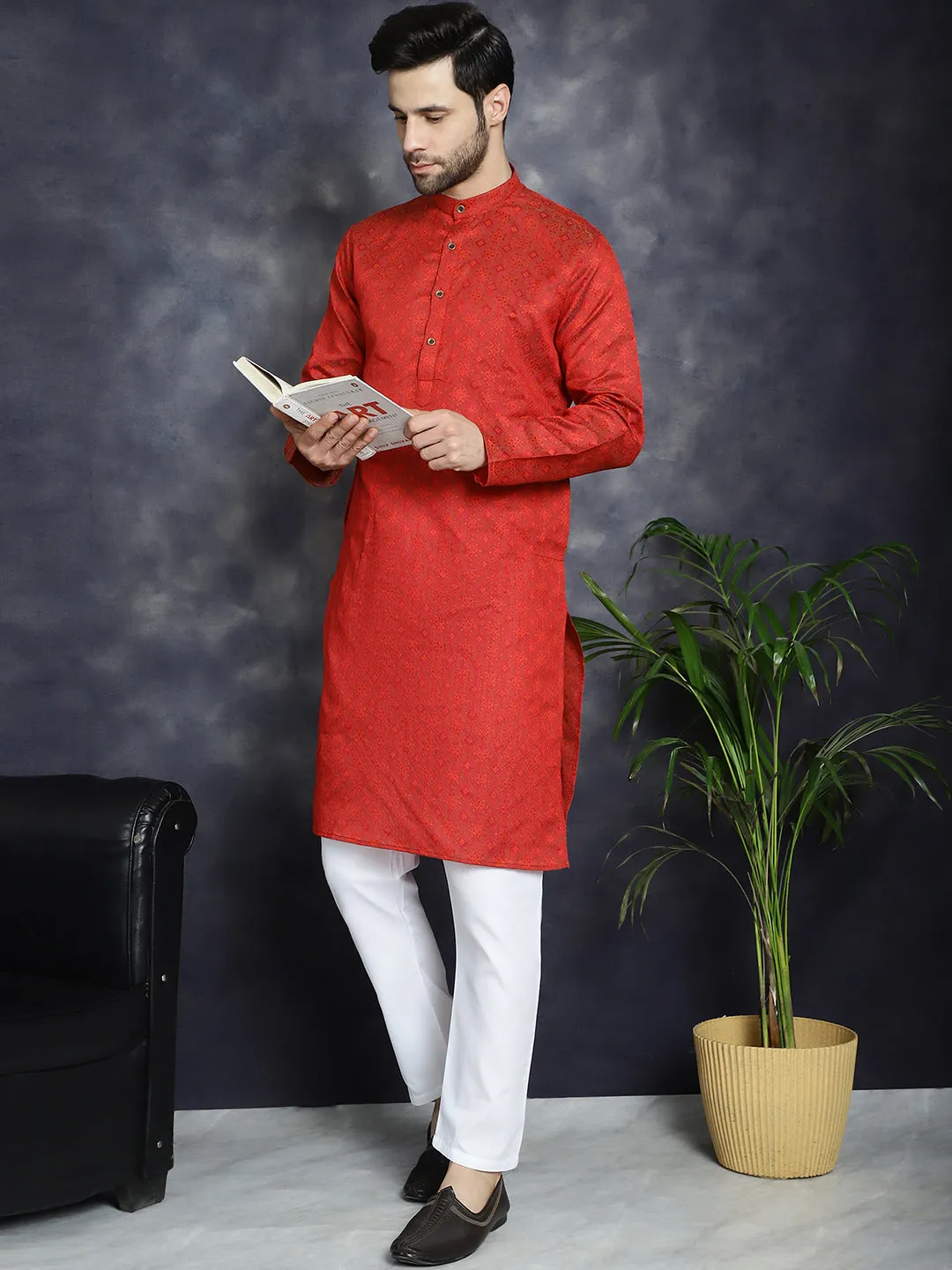 Men's Red Woven Design Kurta with Pyjama - Taantav