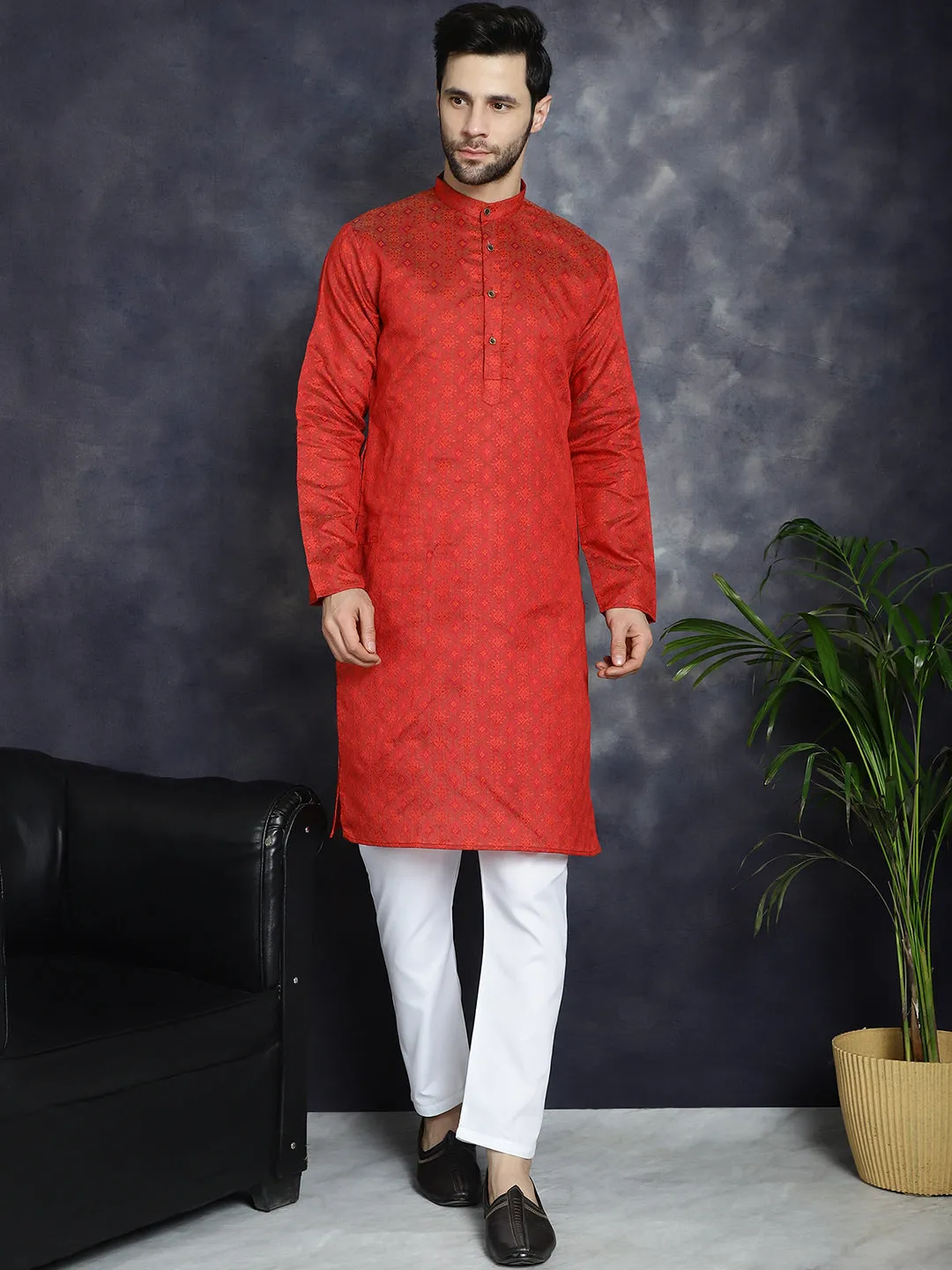 Men's Red Woven Design Kurta with Pyjama - Taantav