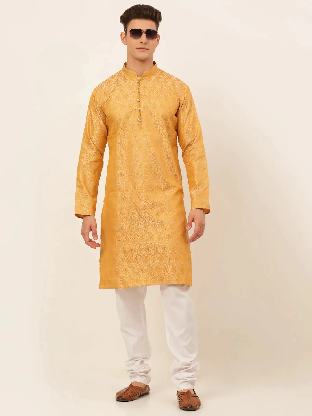 Men'S Silver And Golden Woven Design Kurta Pajama