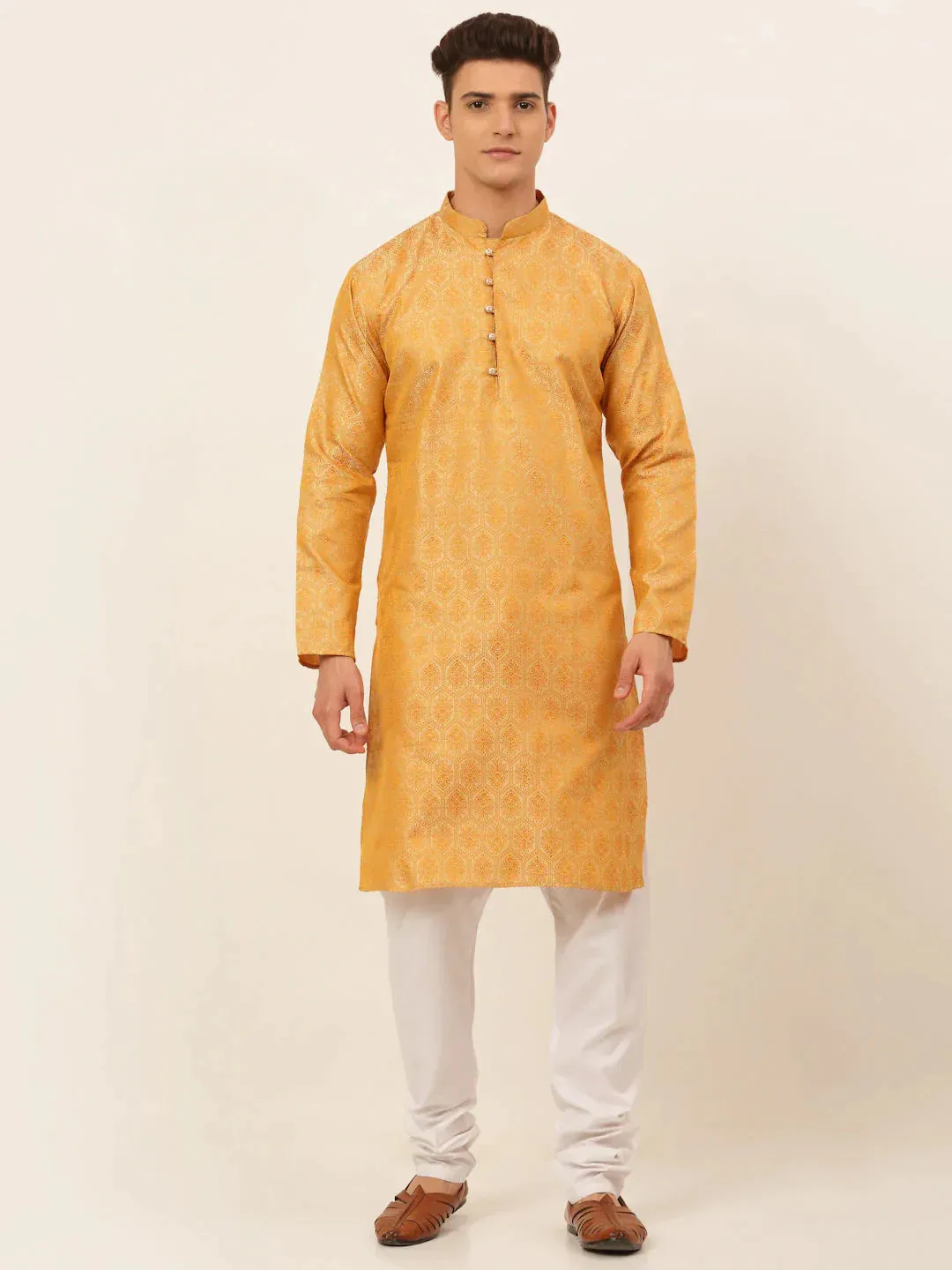 Men'S Silver And Golden Woven Design Kurta Pajama