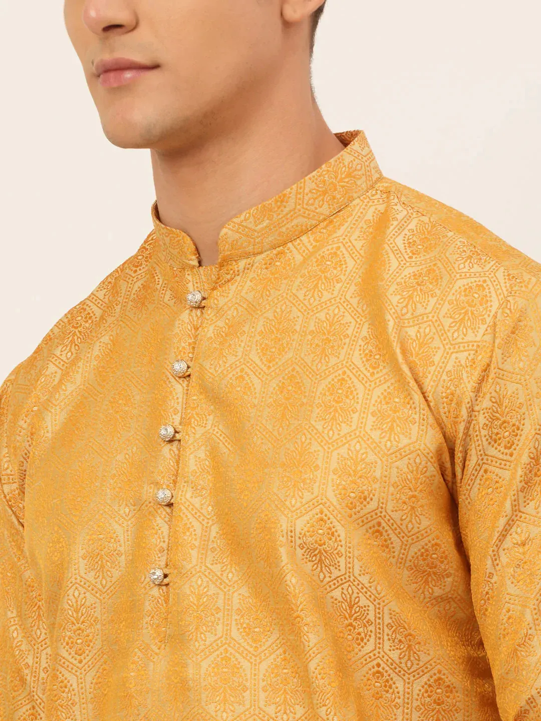 Men'S Silver And Golden Woven Design Kurta Pajama