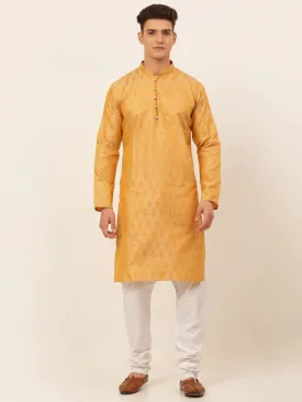 Men'S Silver And Golden Woven Design Kurta Pajama