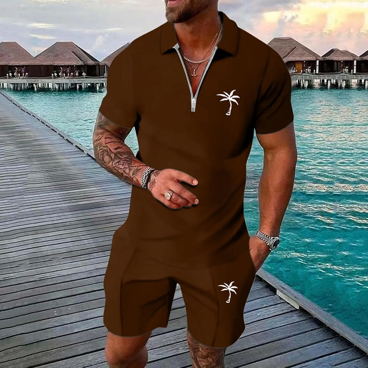 Mens Summer Track Suits 2 Piece Shorts Sets Short Sleeve Sweatsuit Outfits 1/4 Zip Golf Polo Shirt Breathable Loungewear