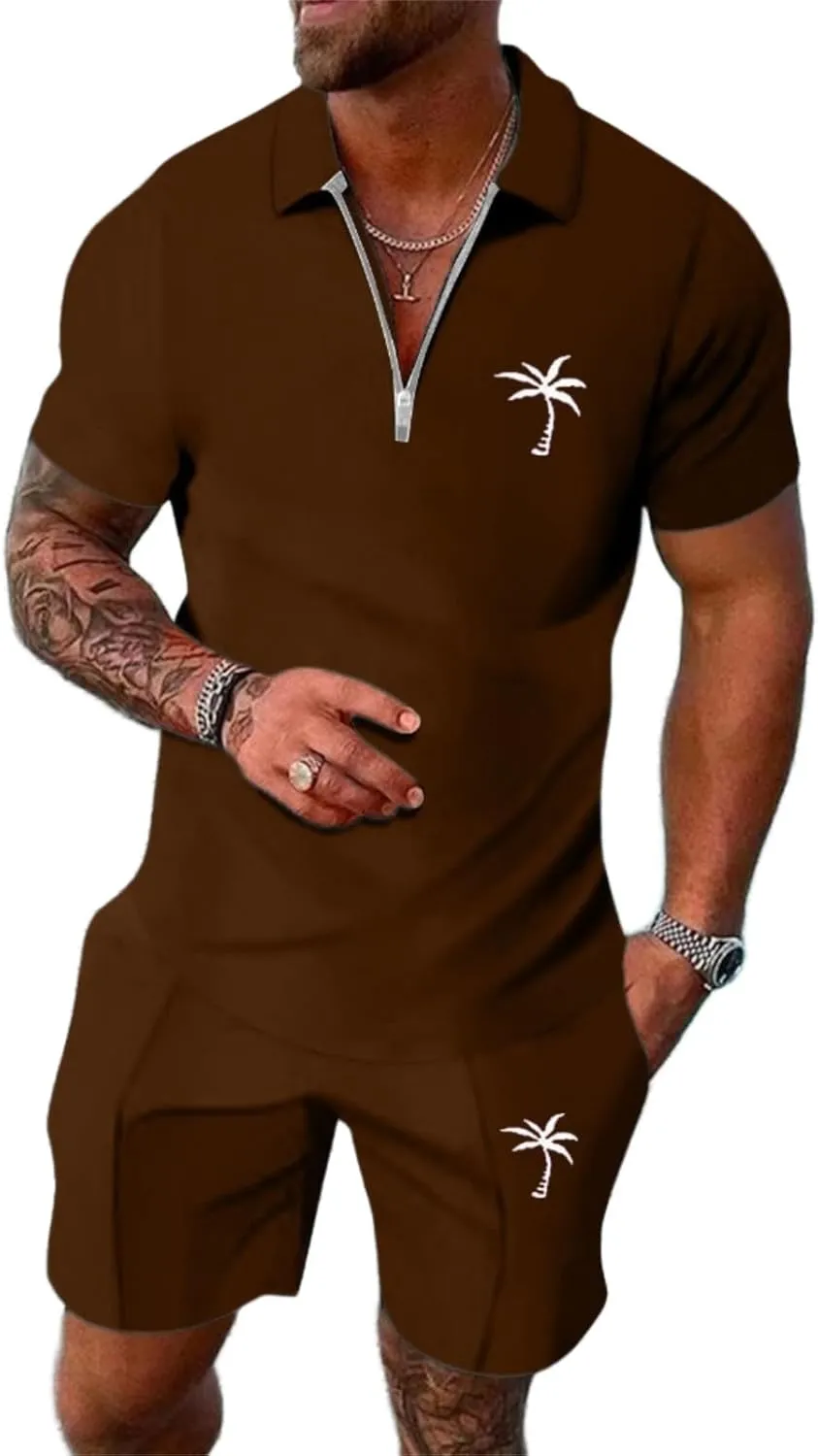 Mens Summer Track Suits 2 Piece Shorts Sets Short Sleeve Sweatsuit Outfits 1/4 Zip Golf Polo Shirt Breathable Loungewear
