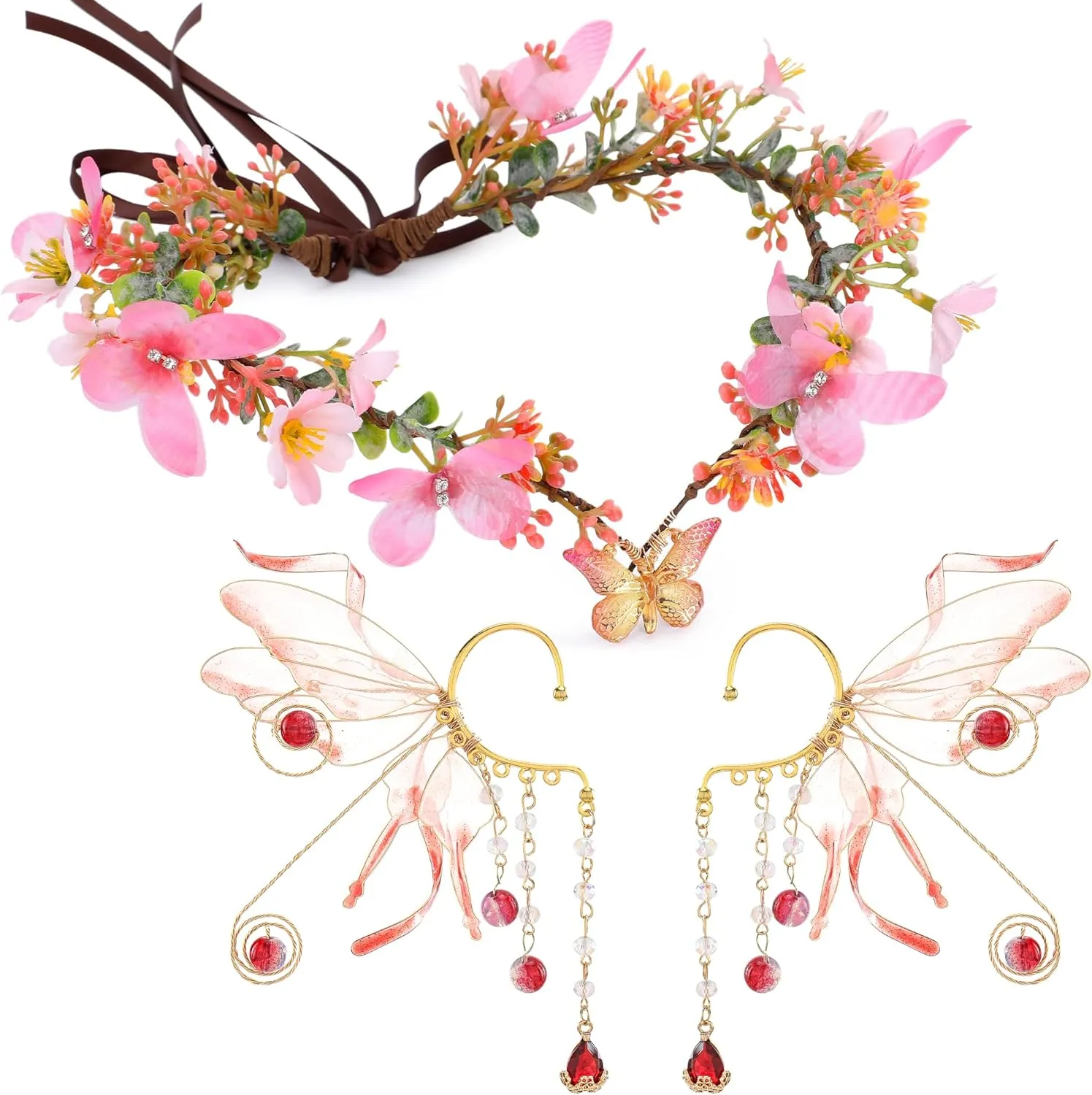 MOSTORY Pink Fairy Accessories for Women - Woodland Butterfly Elf Crown and Fairy Wings Ear Cuffs Set for Renaissance Costume Renfaire Outfit Photo Shoot Cosplay