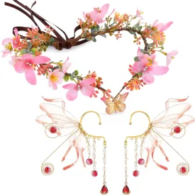 MOSTORY Pink Fairy Accessories for Women - Woodland Butterfly Elf Crown and Fairy Wings Ear Cuffs Set for Renaissance Costume Renfaire Outfit Photo Shoot Cosplay