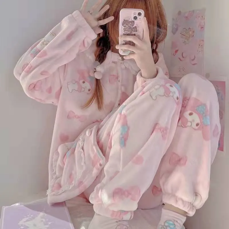 My Melody Inspired Pink Flannel Plush Pajama Set Kawaii Cute