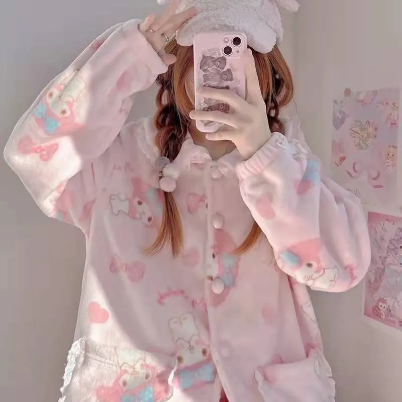 My Melody Inspired Pink Flannel Plush Pajama Set Kawaii Cute