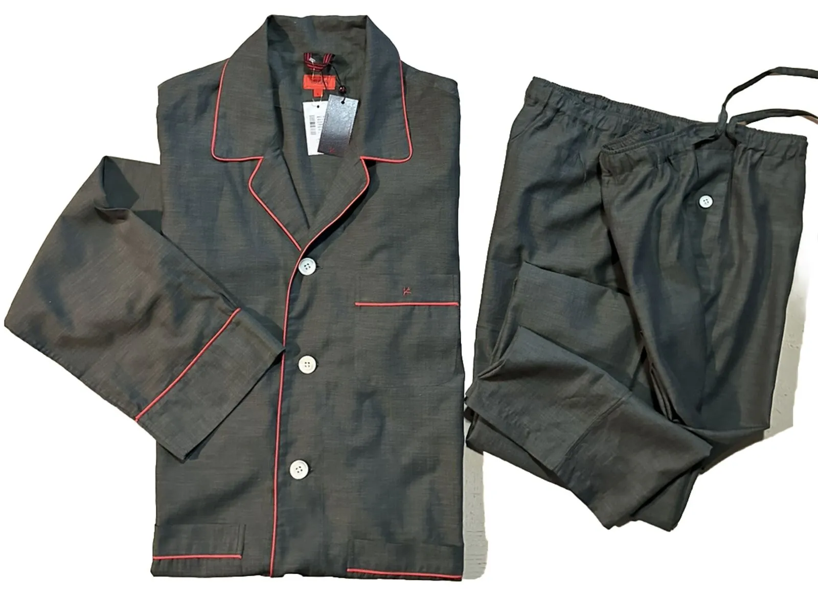 New $850 Isaia Cotton Flannel 2-Piece Pajama Set Color Gray Size L