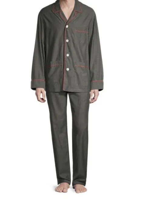 New $995 Isaia Cotton Flannel 2-Piece Pajama Set Color Gray Size L