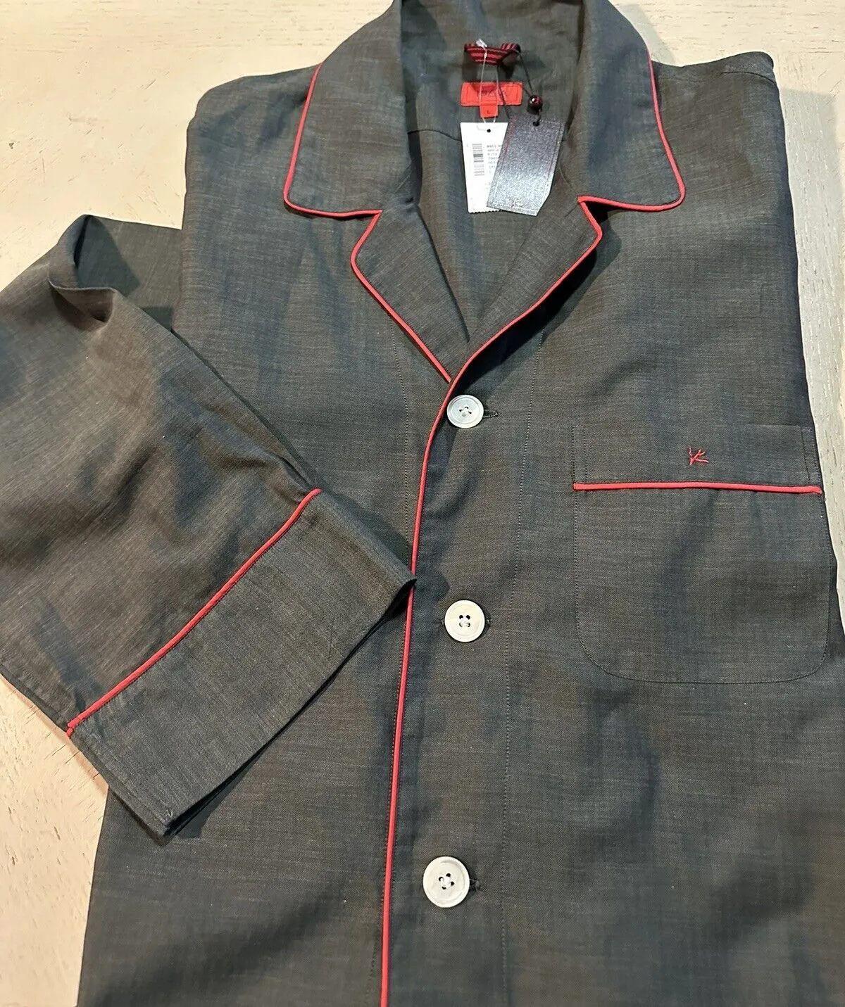New $995 Isaia Cotton Flannel 2-Piece Pajama Set Color Gray Size L