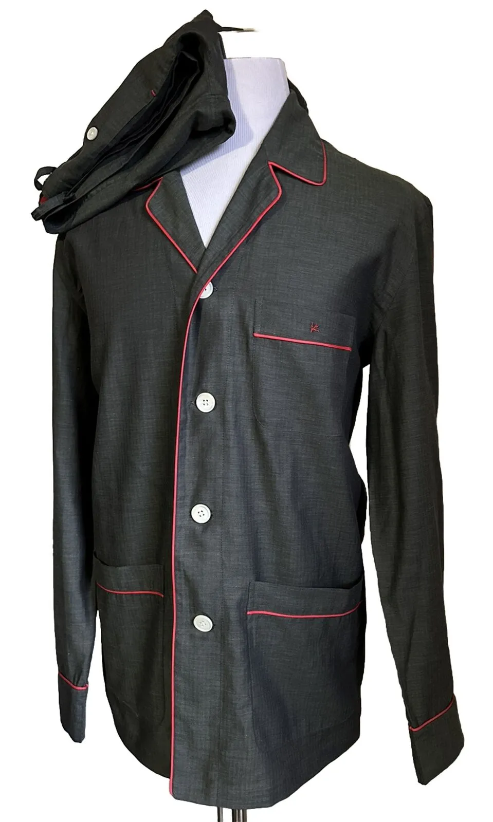 New $995 Isaia Cotton Flannel 2-Piece Pajama Set Color Gray Size L