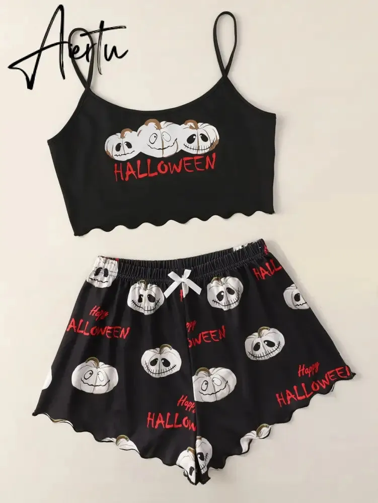 New Style Halloween Lady's Cartoon Pumpkin Print Camisole With Shorts Pajama Set Casual Home Wear Sleepwear Underwear Suits