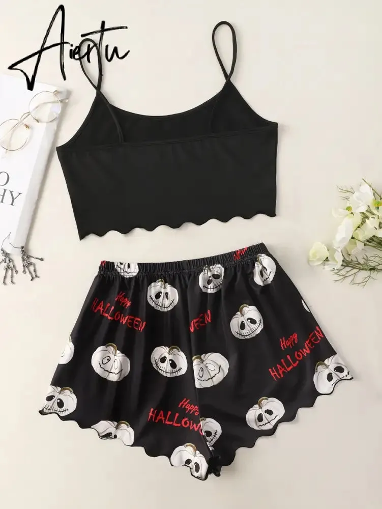 New Style Halloween Lady's Cartoon Pumpkin Print Camisole With Shorts Pajama Set Casual Home Wear Sleepwear Underwear Suits
